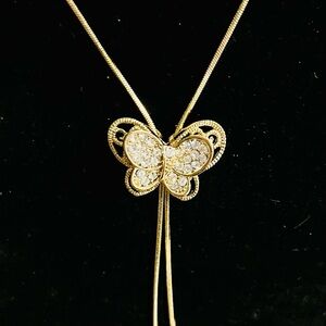 NOS Gold Tone Butterfly Lariat Necklace Crystal Filigree 32” Korea